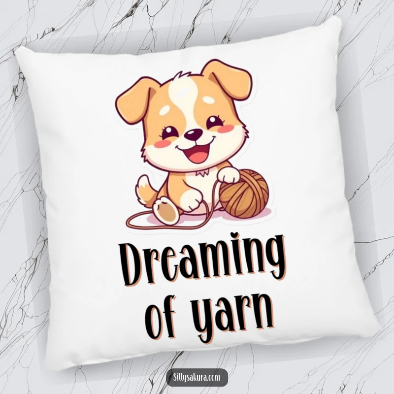 Funny Pillow featuring a cute dog character with a joyful expression, playing with a ball of yarn, soft, plush, and full of fun.
