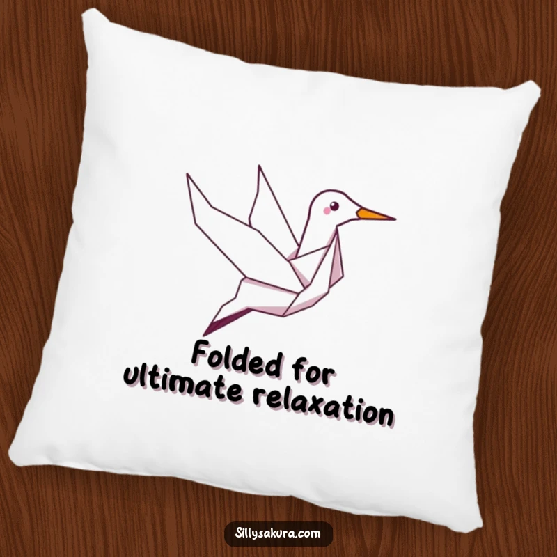 Funny pillow featuring a giggling origami crane character soaring, perfect for adding whimsical comfort and a humorous touch to any space.