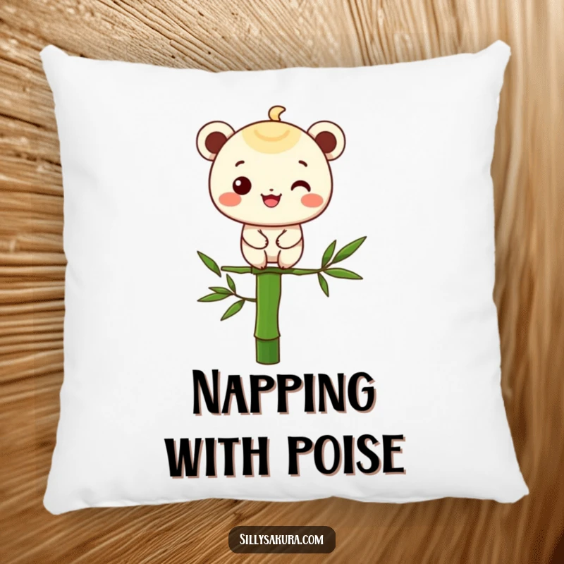 Funny pillow featuring a happy character gracefully balancing on a bamboo stalk, perfect for adding zen and comfort.
