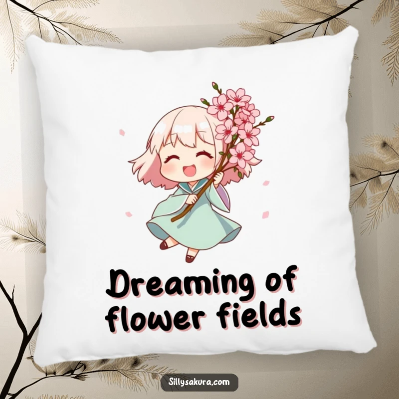 Funny pillow with a joyful character spinning with a bouquet of exquisite pink blossoms, bringing soft comfort and a touch of floral humor to any room.