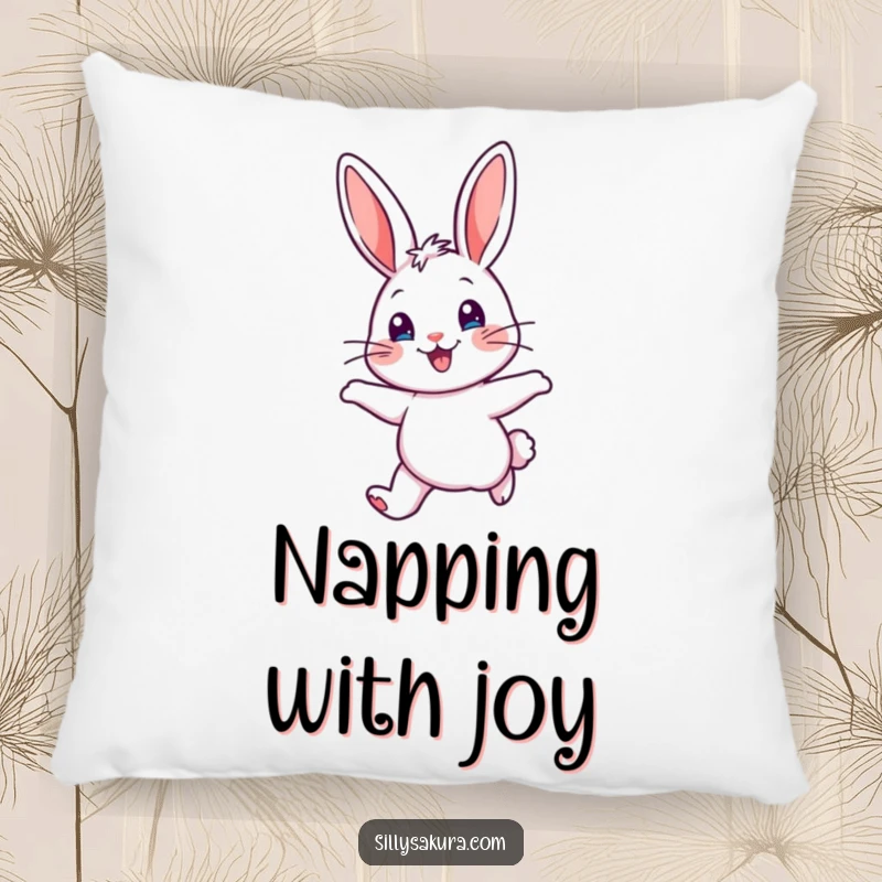 Funny Pillow featuring a cheerful rabbit character, ears perked, hopping with delight, offering plush comfort and a touch of whimsy.