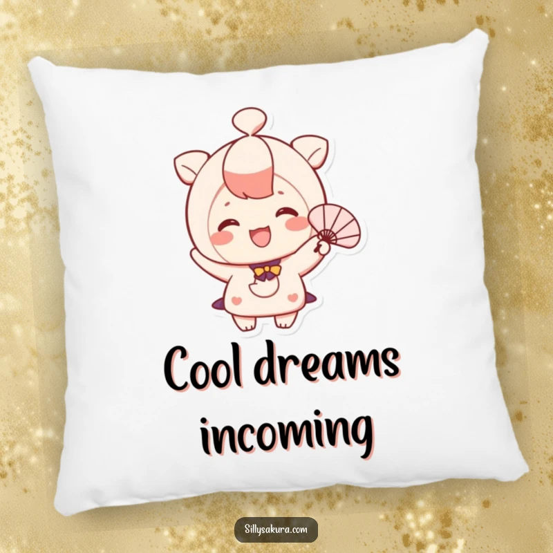 Funny pillow with a cute character happily fanning themselves, perfect for cozy comfort and fun.