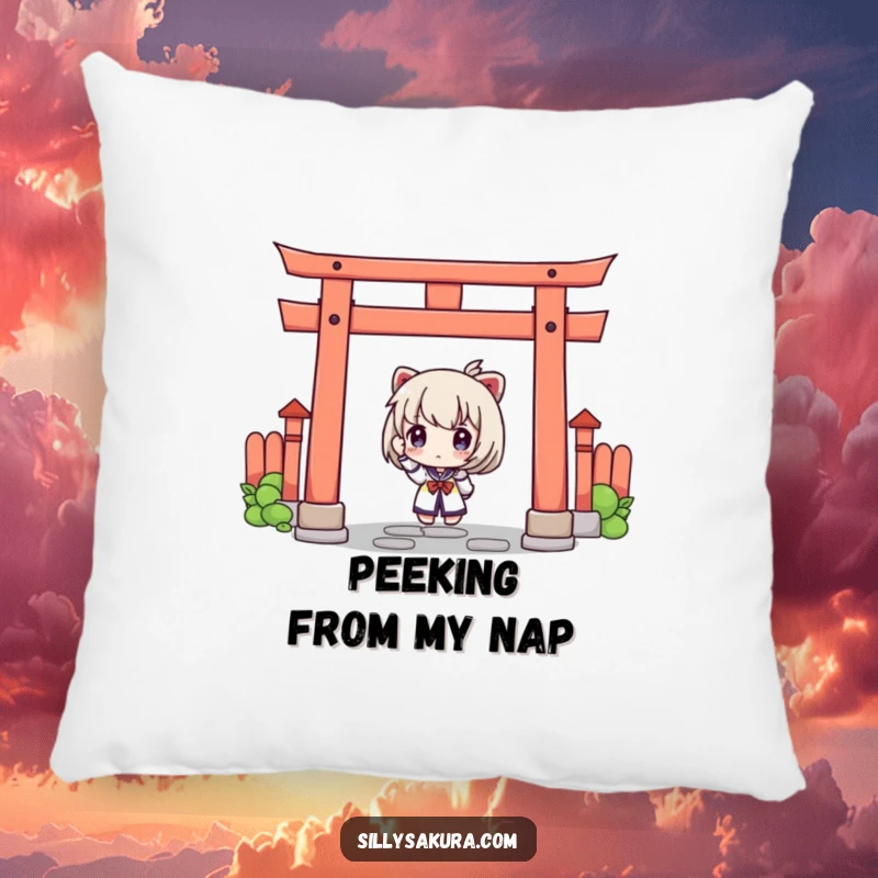 Funny pillow featuring a curious character peeking from behind a torii gate, perfect for adding cozy mystery and fun.