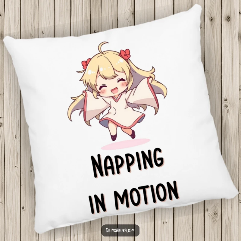 Funny pillow design showing a character dancing enthusiastically, sleeves creating a delightful, flowing visual, adding humor and comfort.