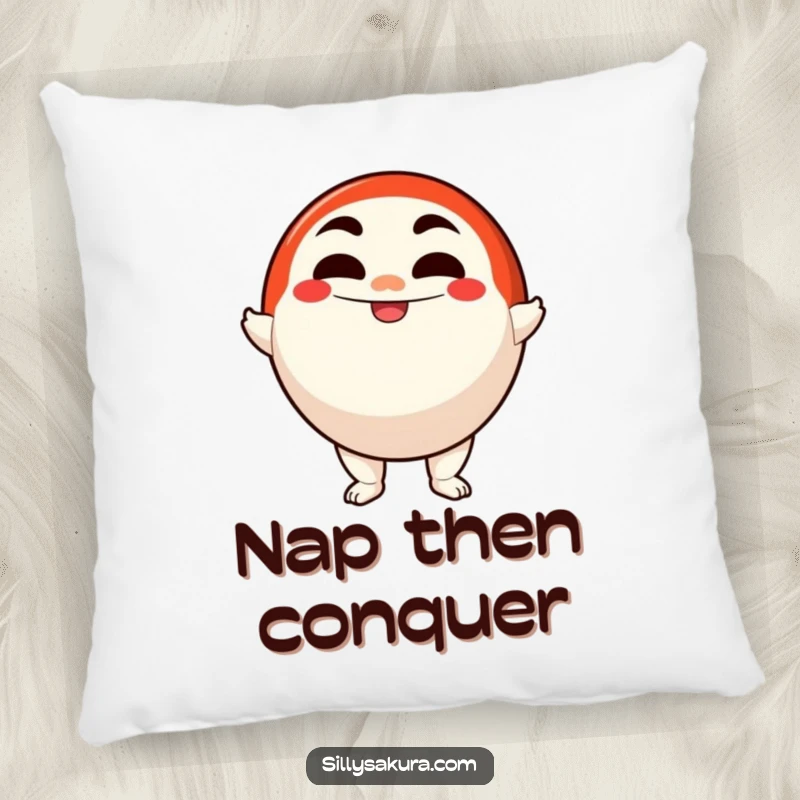 Funny pillow with a plush Daruma doll character smiling determinedly, offering soft support and encouraging humor.