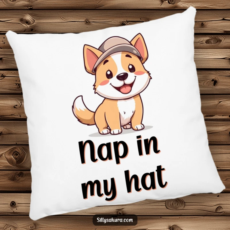 Funny Dog Pillow: A soft cushion featuring a smiling dog character in a hat, tail wagging, offering comfort and a dose of humor.