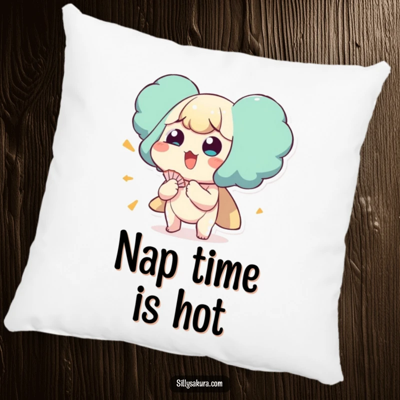 Funny pillow featuring a character comically fanning itself, perfect for adding humorous comfort to sofas.
