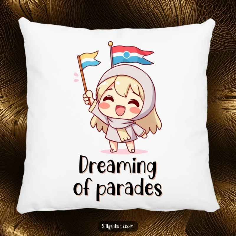 Funny pillow featuring a delighted character enthusiastically waving a small, colorful flag, adding a touch of joyful and humorous decor to any seating area.
