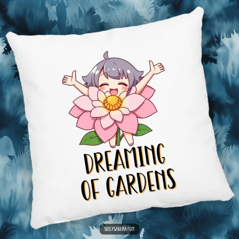 Funny pillow with a character joyfully embracing a large flower, perfect for cozy comfort.