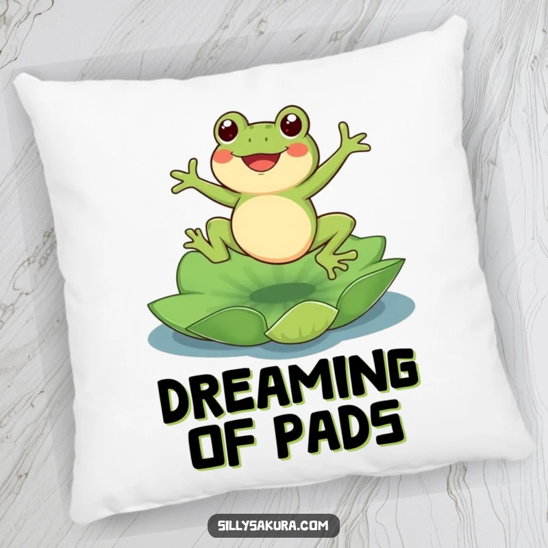Funny Frog Pillow: A soft cushion featuring a cute frog character jumping onto a lotus pad, offering comfort and a dose of playful humor.