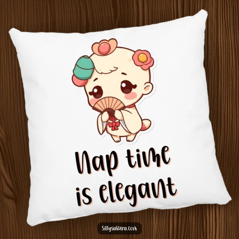 Funny pillow with a Kawaii character elegantly posing with a fan, a subtle flutter adding to its charm.