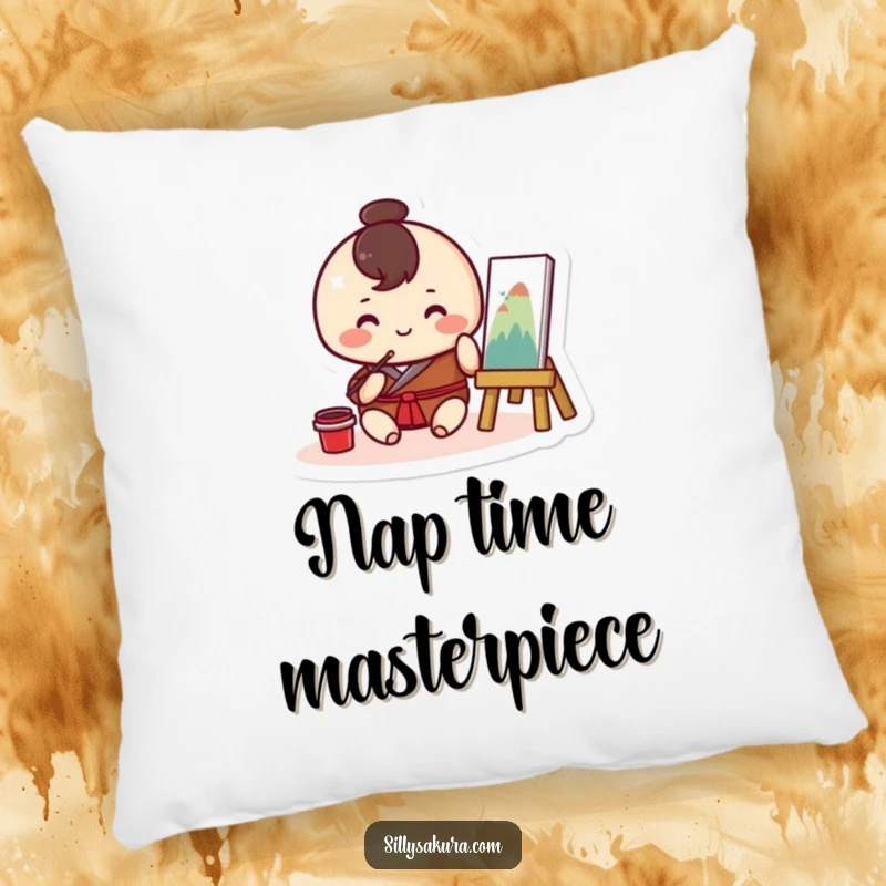 Funny Kawaii pillow featuring a round character happily painting traditional art, perfect for adding artistic charm to any room.