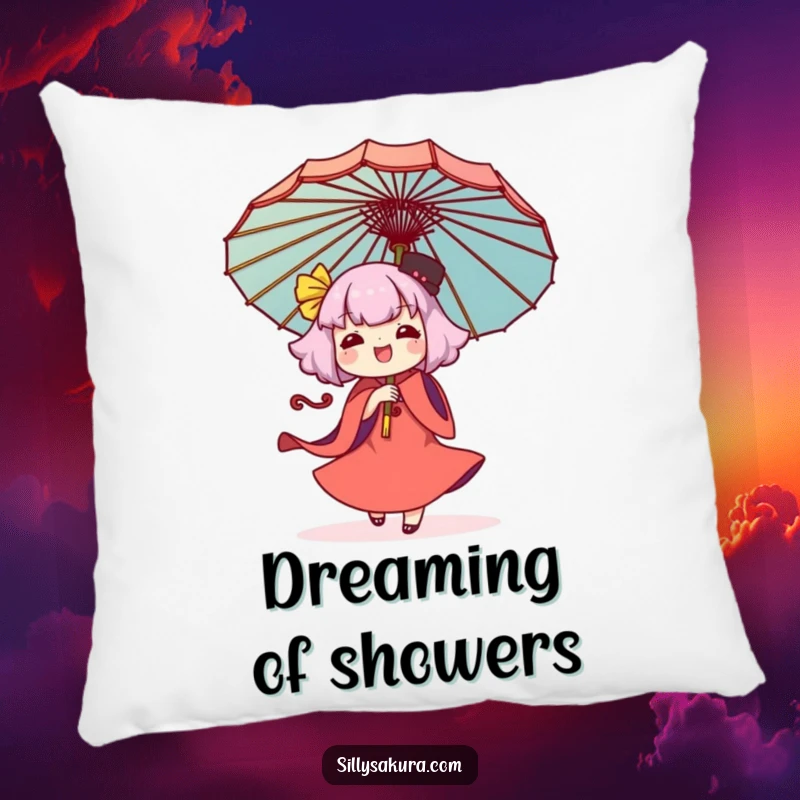 Funny Kawaii pillow showcasing a character joyfully twirling a decorative umbrella, offering comfort and a touch of whimsical art.