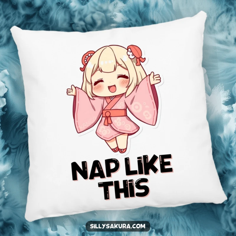 Funny Kimono Pillow with a character dancing, showcasing billowing sleeves, perfect for cozy artistic comfort.