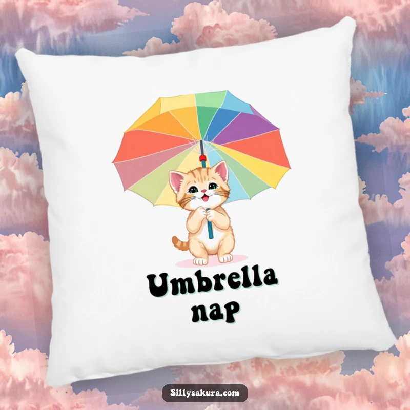 Funny pillow with a happy kitten character exploring under a giant, colorful paper umbrella, offering comfort with a touch of whimsical adventure.
