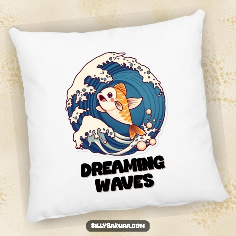 Funny pillow showcasing a lively koi fish character energetically leaping from a stylized ocean wave, adding aquatic charm.