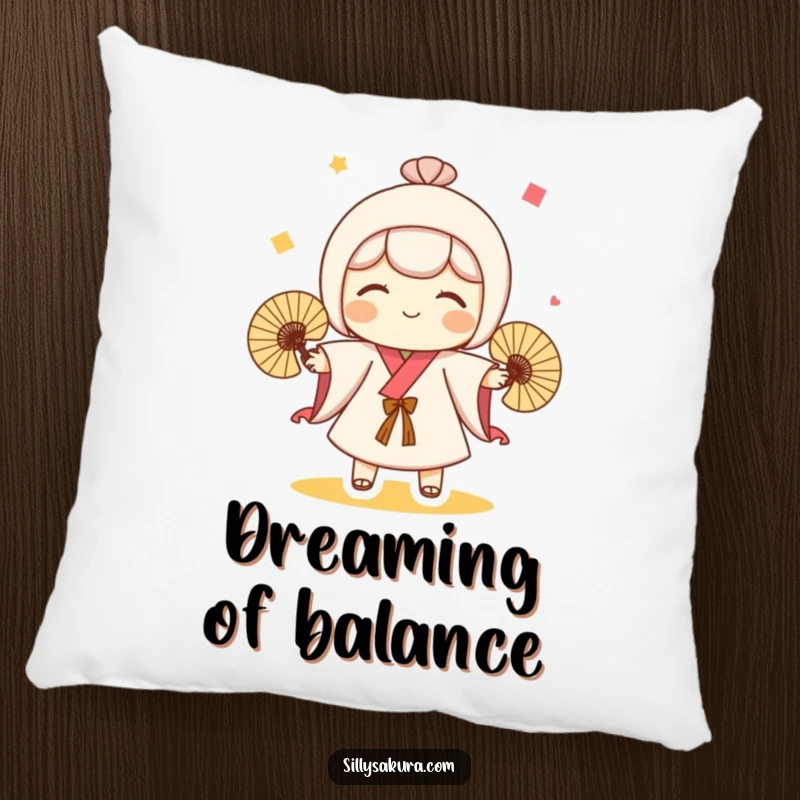 Funny pillow featuring a cute Kokeshi doll character playfully juggling three fans, offering comfort with whimsical charm.