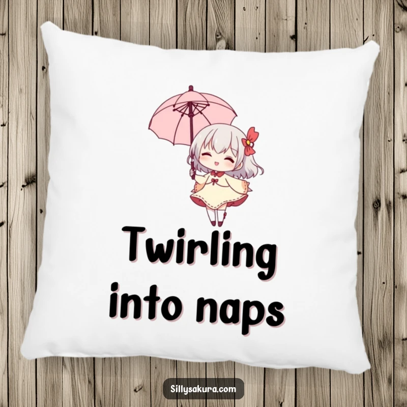 Funny pillow with a small character elegantly twirling a parasol, a wide grin suggesting playful sophistication.