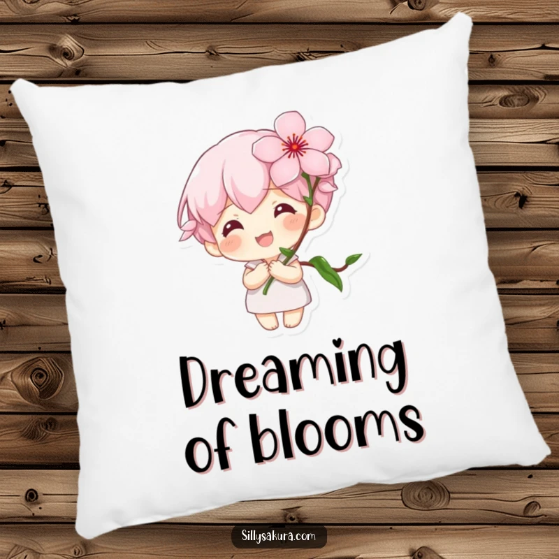 Funny Pillow: A tiny character with a large smile holds a blooming cherry blossom, offering a soft and humorous decorative accent.