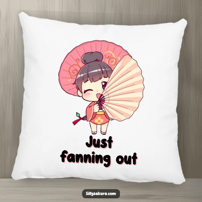 Funny Pillow: A character comically tries to pose with a large decorative fan, offering a soft and humorous decorative accent.