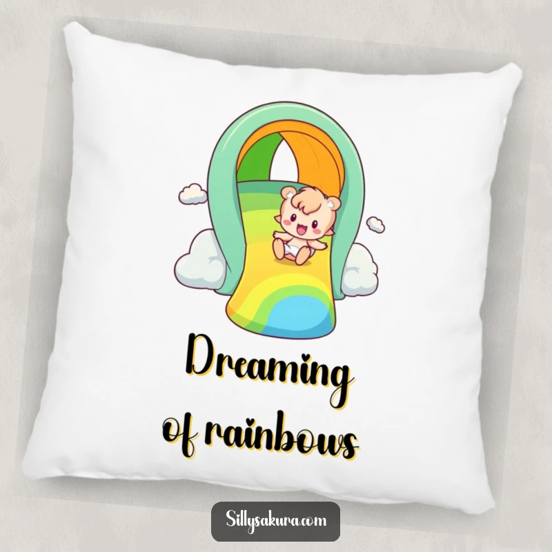 Funny rainbow slider pillow, a happy figure playfully sliding down a bright rainbow, offering comfort and a splash of joy.