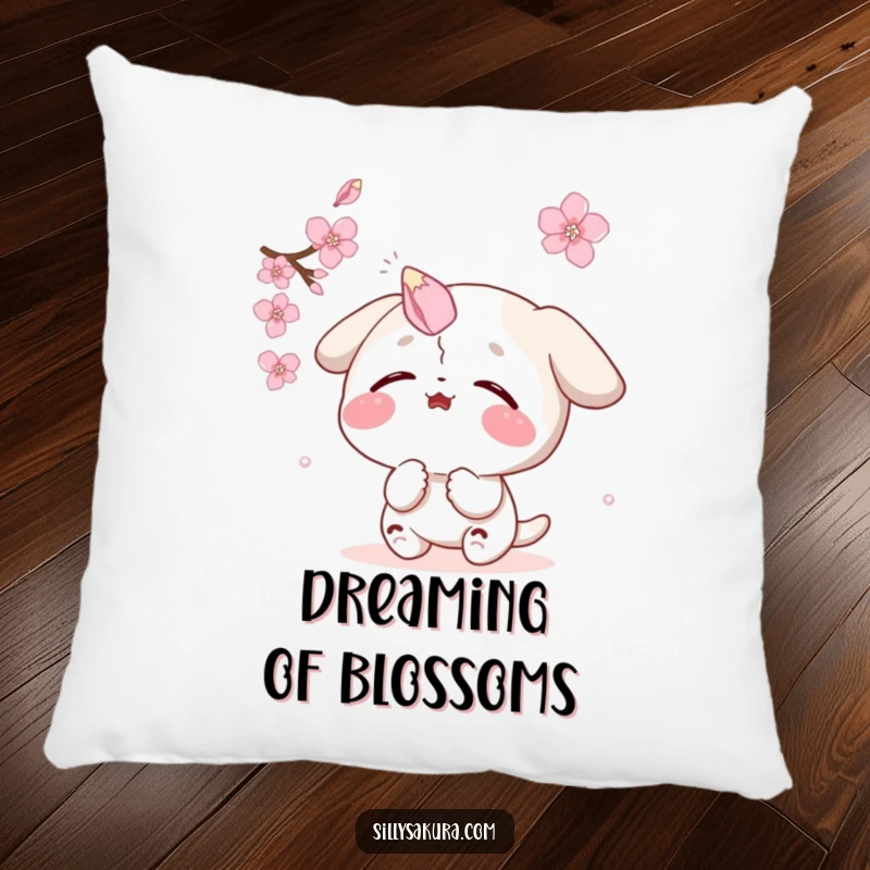 Funny pillow: a delighted character comically tries to catch a sakura petal on its nose, blending comfort and playful humor.