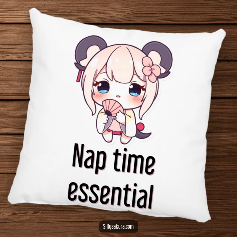 Funny pillow with a shy, blushing character holding out a small fan, offering comfort and cute humor.