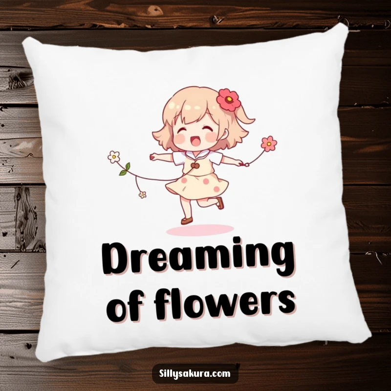 Funny skipping character pillow, a cheerful figure happily jumping rope with a string of colorful flowers, offering comfort and joy.