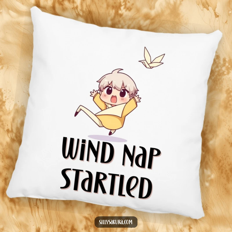 Funny Character Pillow: A surprised character leaps back from a happy wind gust, offering cozy comfort and amusing surprise.