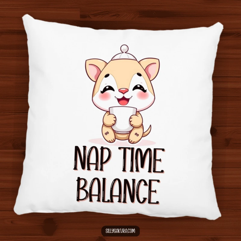 Funny smiling character balancing a teacup precariously on its nose, depicted on a plush and comfortable pillow.