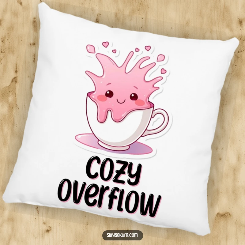 Funny pillow showcasing a smiling teacup character happily overflowing with colorful liquid, adding cheerful charm.