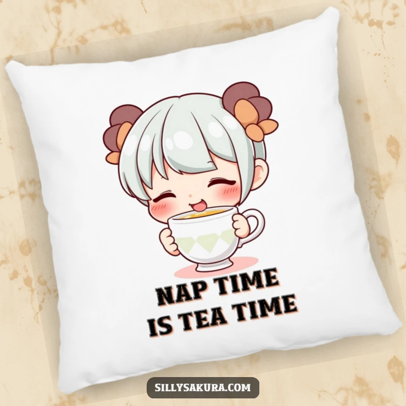 Funny pillow with a cute character smiling widely while sipping from a tiny teacup, offering cozy and charming decorative appeal.
