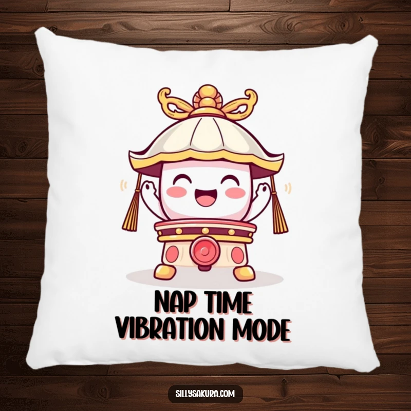 Funny pillow featuring a cute temple bell character emitting joyful vibrations, perfect for adding comforting humor and cheer.