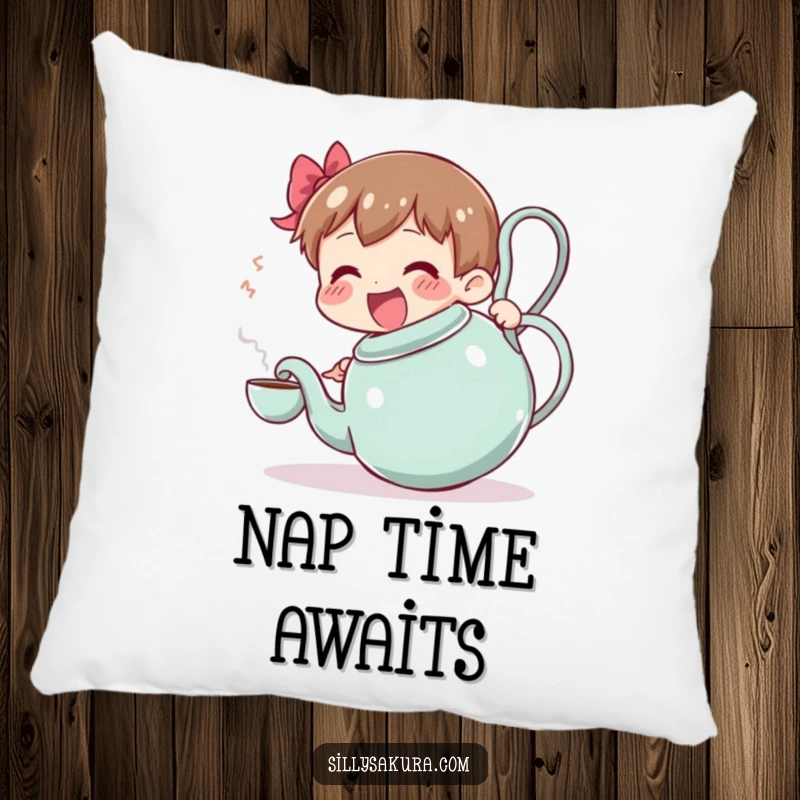 Funny pillow: a joyful character attempts to serve tea from a large, wobbling teapot, providing comfort and playful humor.