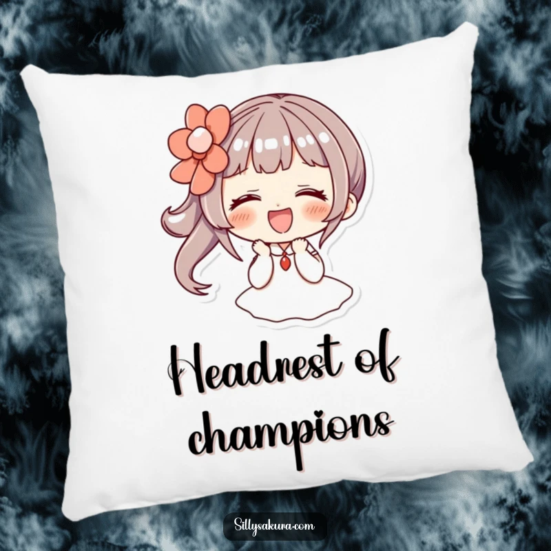 Funny pillow: a character giggles while wearing a large, decorative hairpin, providing comfort and a touch of playful humor.