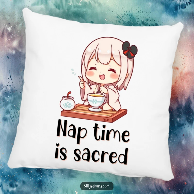 Funny Kawaii Pillow. A cute character happily performing a tea ceremony gesture, perfect for adding comfort and charm to any room.