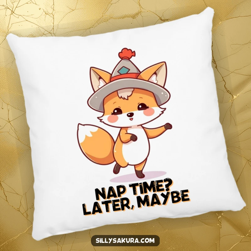 Funny pillow featuring a cute, hat-wearing fox in a dynamic, happy dancing pose, perfect for cozying up.