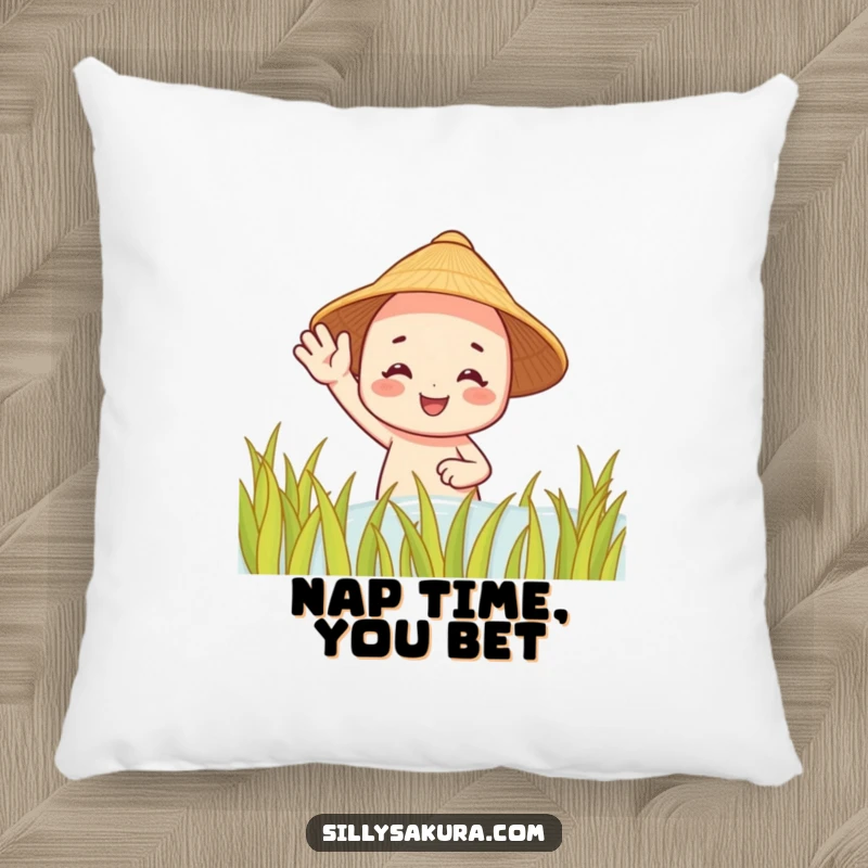 Funny pillow: a smiling character with a straw hat waves from a rice paddy, providing comfort and a touch of humor.