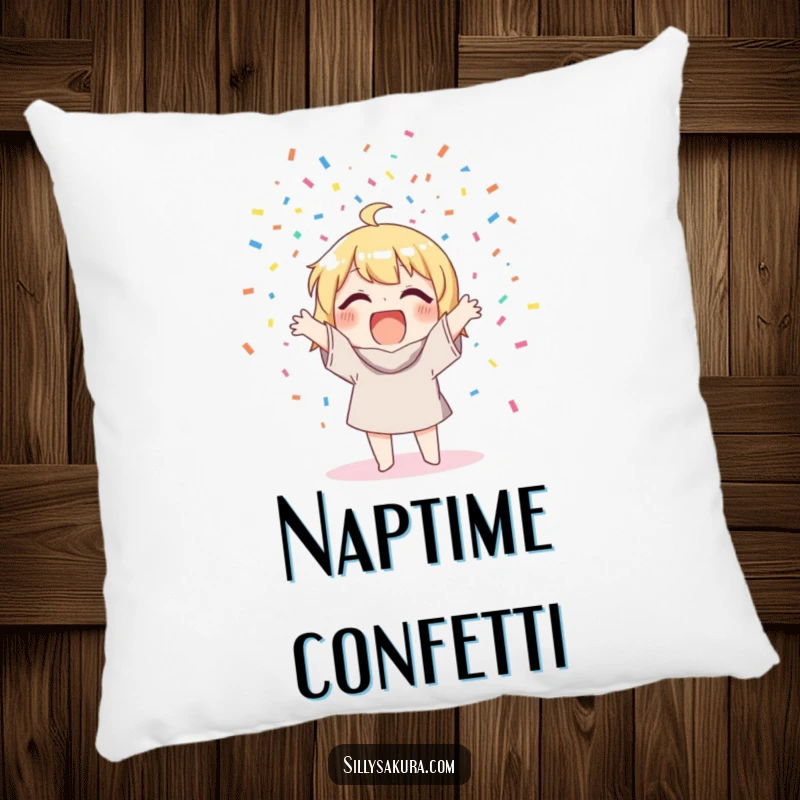 Funny Pillow: A character joyfully tossing bright confetti, offering comfort and a splash of celebration.