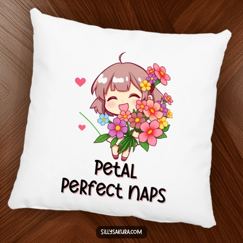 Funny Pillow: A character holding a vibrant bouquet of stylized flowers, adding comfort and floral charm.