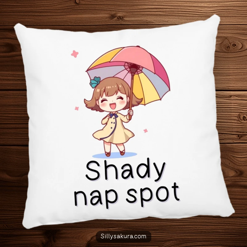 Funny twirling character pillow, a cute figure happily spinning a brightly colored parasol, offering comfort and a splash of joy.