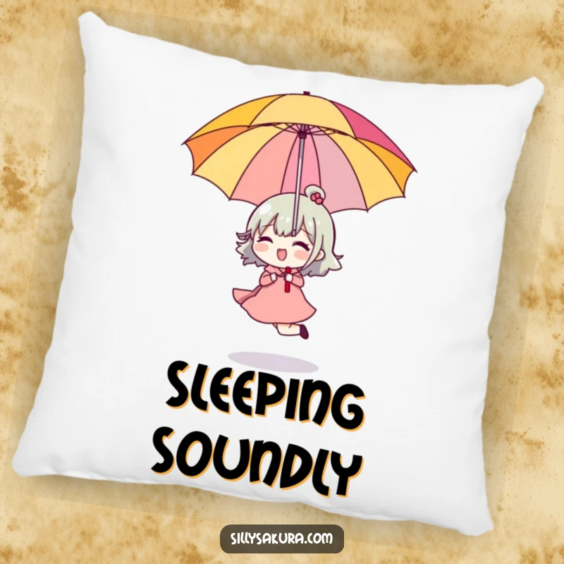 Funny Pillow featuring a character happily skipping with a bright umbrella upside down, offering humorous decor.