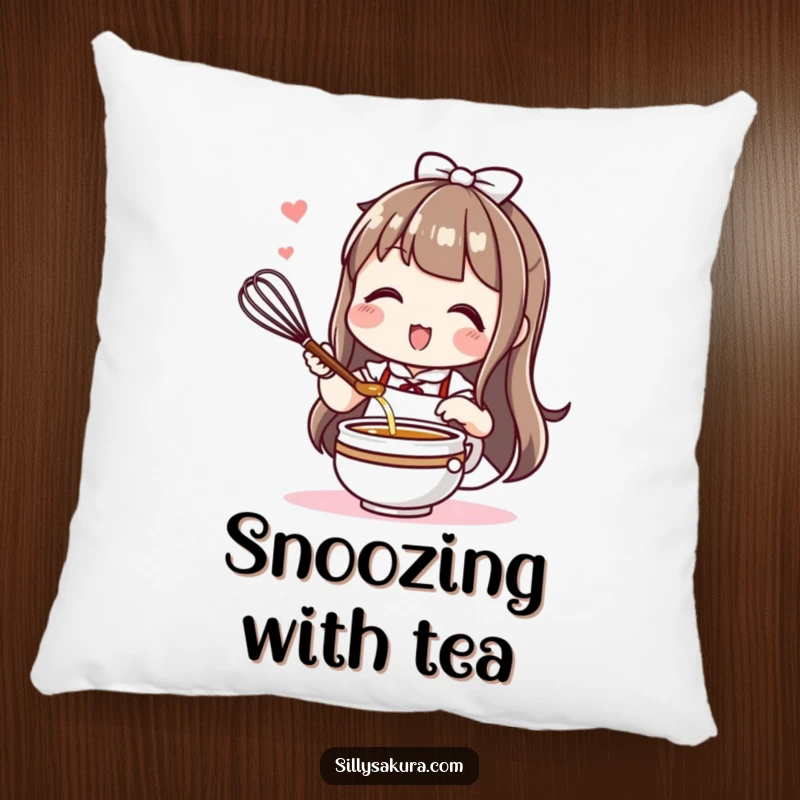 Funny Kawaii pillow featuring a cute character enthusiastically whisking tea, perfect for adding cozy charm to any space.