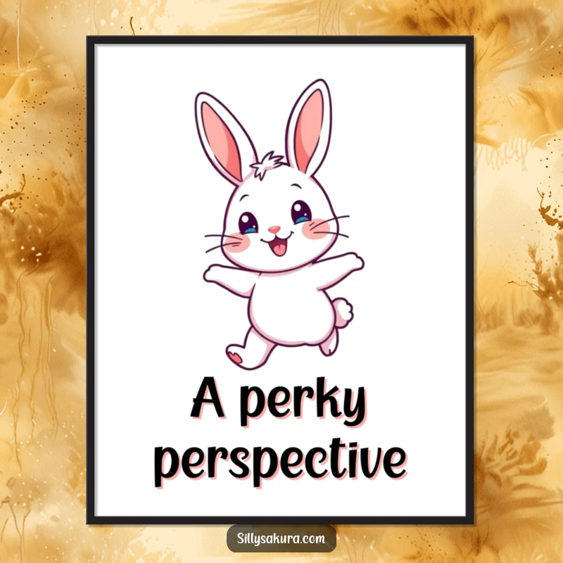 Funny Digital Art Print of a cheerful rabbit character with perked ears, joyfully hopping, radiating happiness and playful energy.