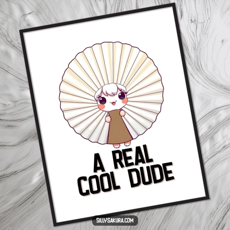 Funny Digital Art Print of a cute character adorably peeking from behind a smiling fan, perfect for adding playful charm and humor to wall decor.