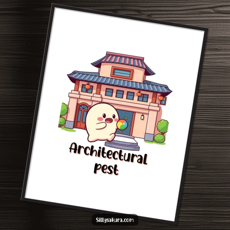 Funny Digital Art Print of a rounded character playfully bouncing a colorful ball against a building.