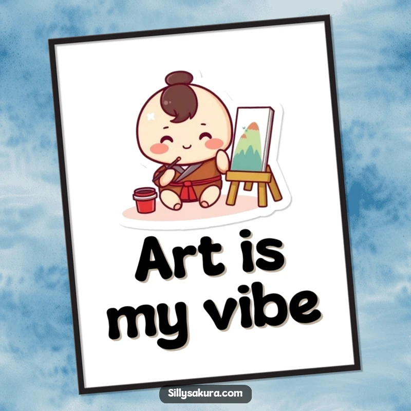 Funny Kawaii digital art print showing a small, round character happily painting traditional artwork, ideal for creative displays.
