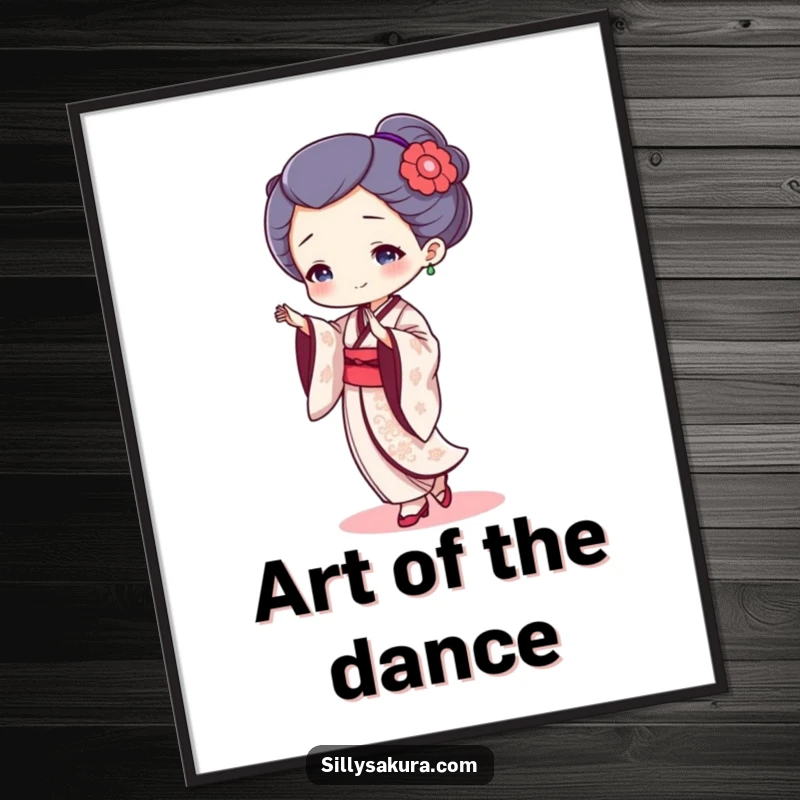 Funny geisha dancer digital art print showcasing a tiny character in a flowing, graceful dance for immediate artistic flair.