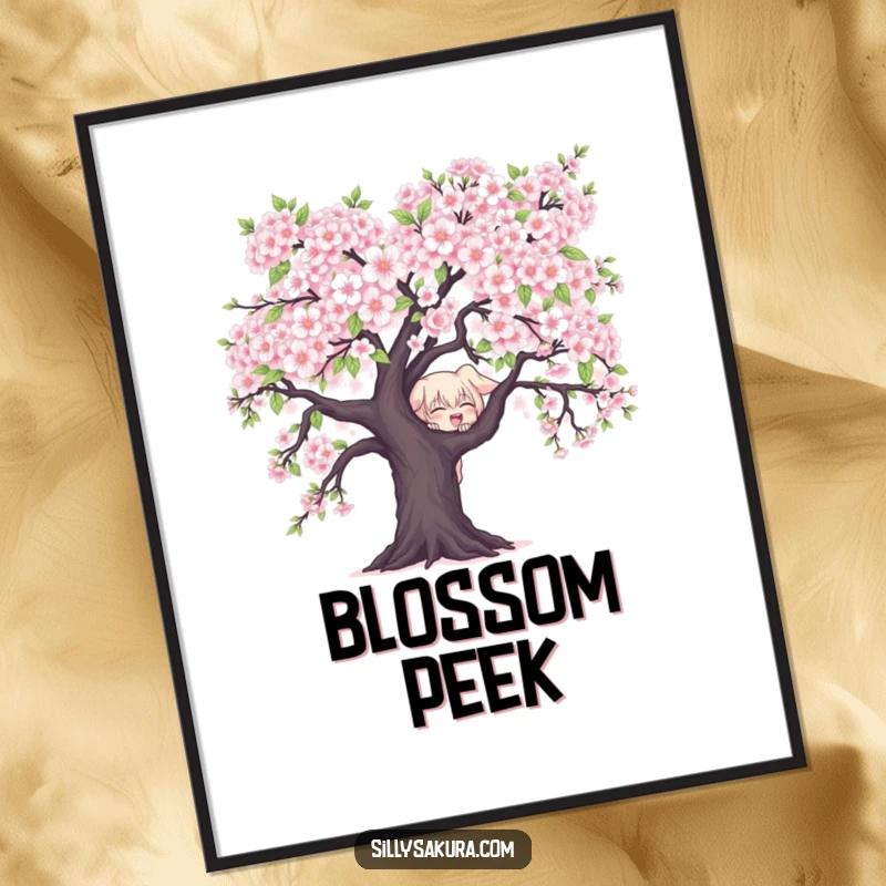Funny Character Digital Art Print: A mischievous character peeks from behind blooming cherry blossoms, bringing playful spring charm and whimsy.