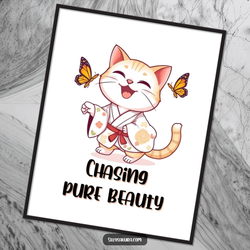 Funny delighted cat in a floral kimono humorously chasing a butterfly in this digital art print.
